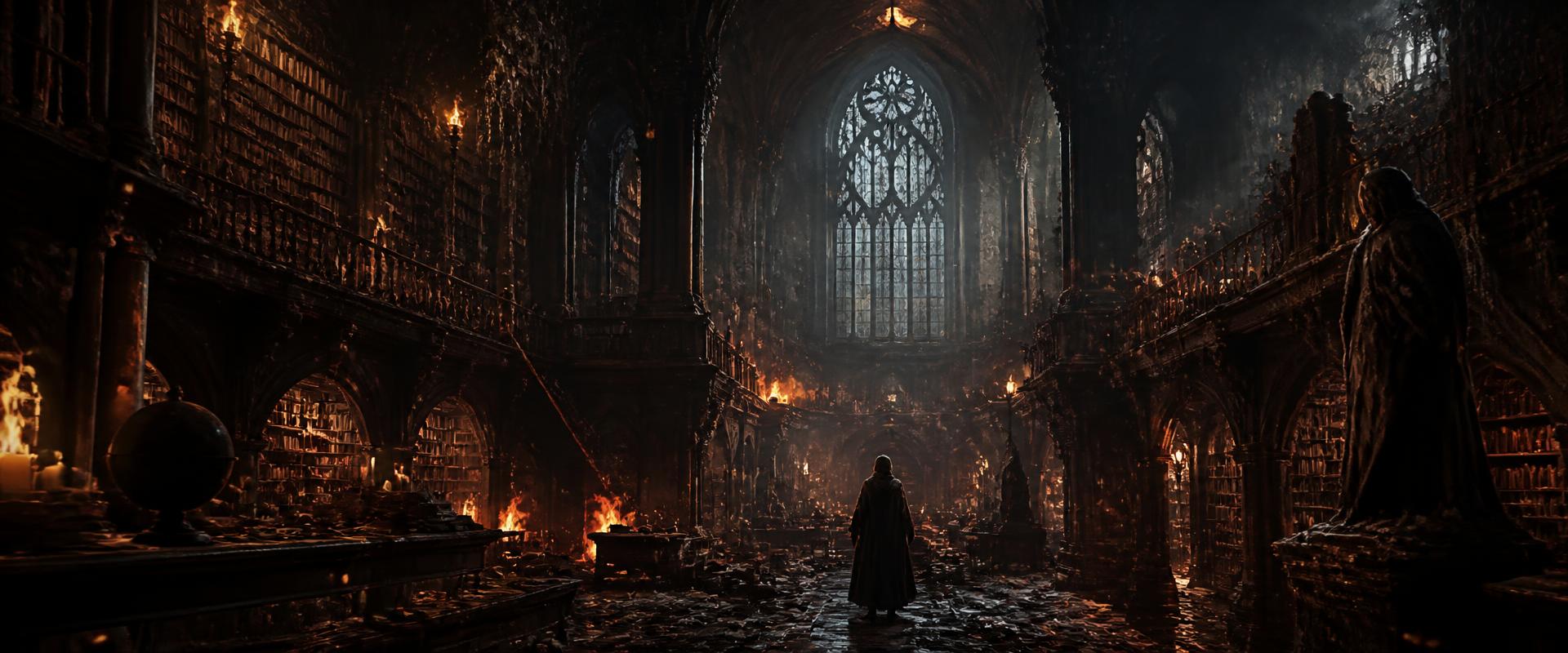 The Silent Archives, a ruined gothic library with floating embers