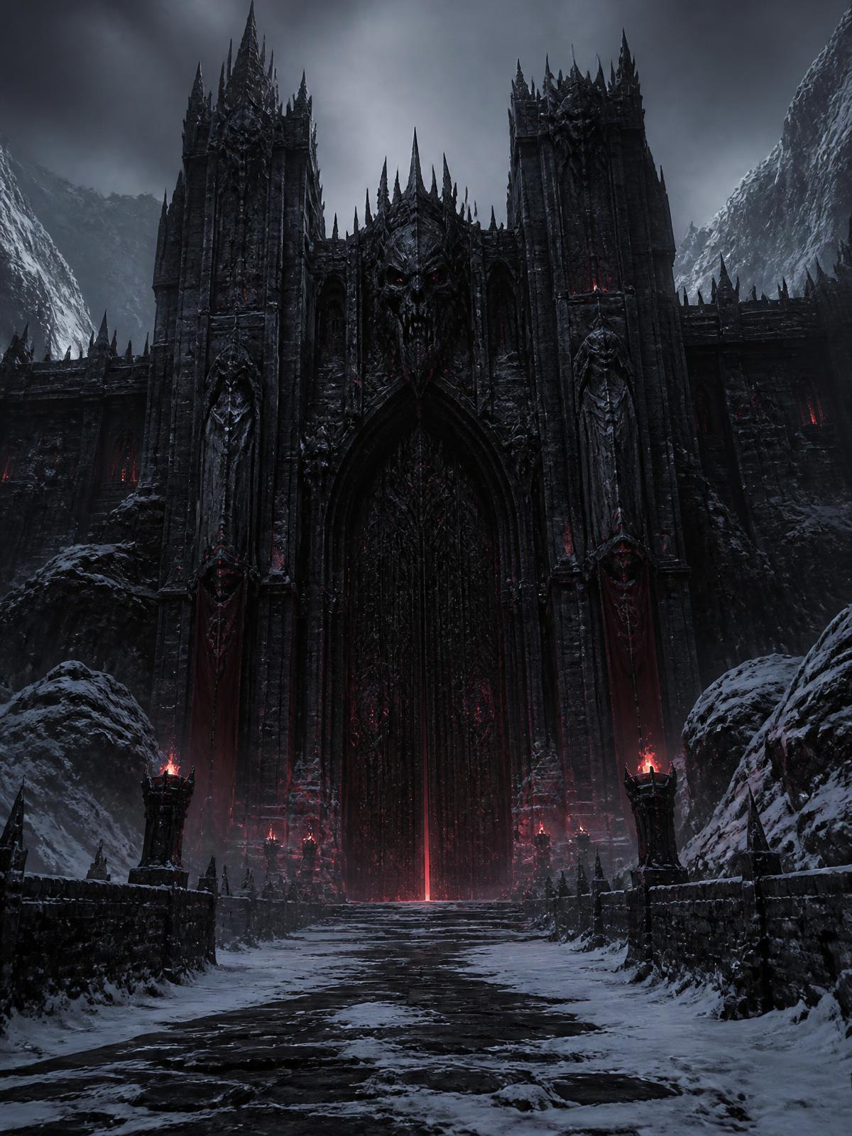 The Gate of Morrow, a dark gothic fortress entrance glowing with red embers